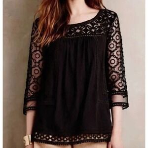 Anthropologie Meadow Rue Top Black Crochet Lace NWT 3/4 Sleeve BOHO L Whimsygoth